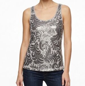 Express Y2K Boho Sequin Tank Top Grey Silver Scroll Paisley Shimmer Party SizeSP